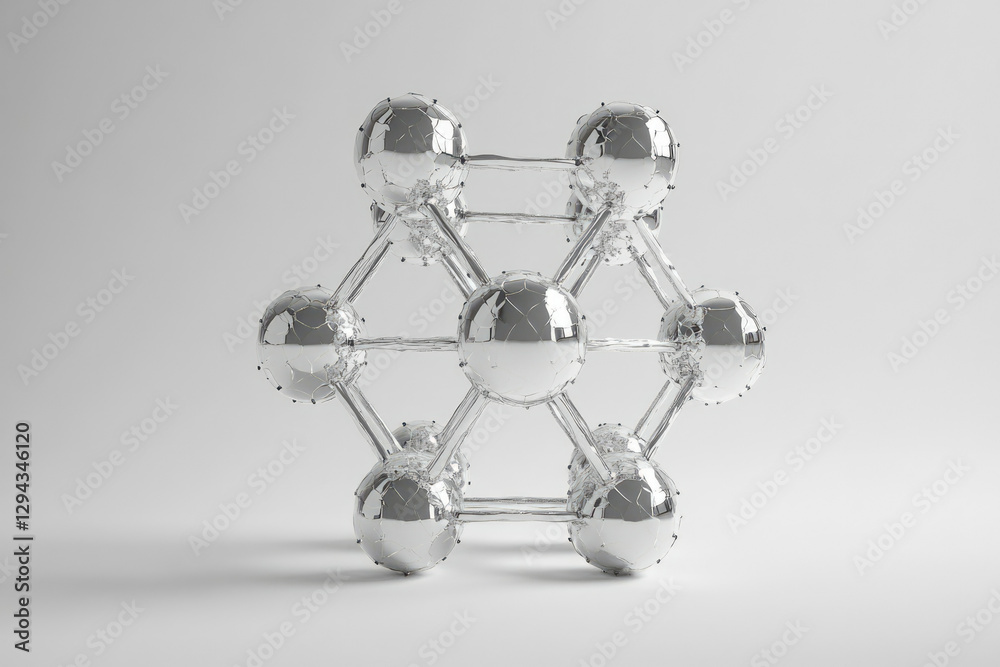 Poster A 3D rendering of a chrome molecule model, showcasing interconnected spheres, representing atomic bonds and structure.