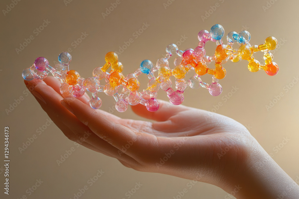 Poster a hand gently holds a colorful molecular model, representing the beauty and complexity of biochemist