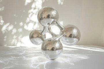 A polished chrome sculpture composed of interconnected spheres, reflecting light and shadows.