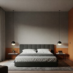 A contemporary bedroom, light and spacious, with minimalist decor.