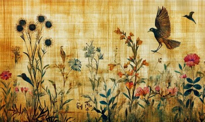 Naklejka premium Birds flower garden illustration old paper texture antique floral art.