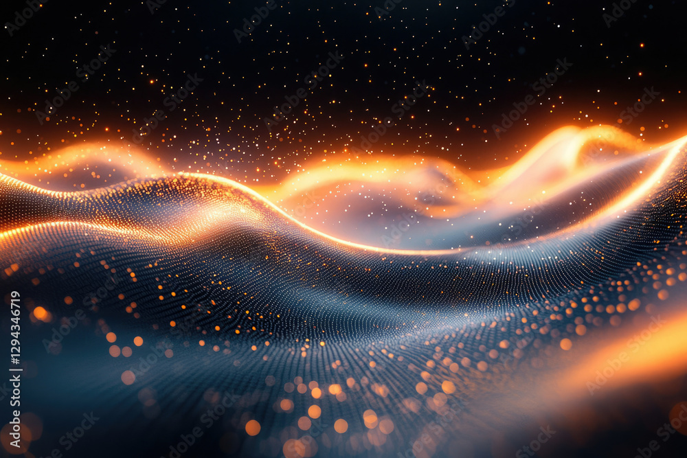 Aufkleber abstract digital landscape with glowing orange particles forming wavy pattern in dark space.