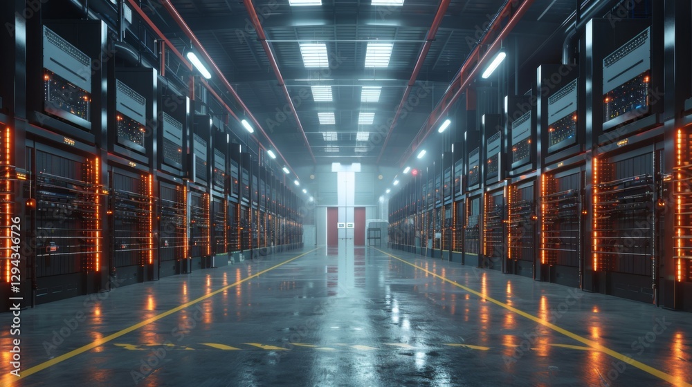Poster inside a modern data center, rows of servers are lined up, glowing with orange lights. early morning