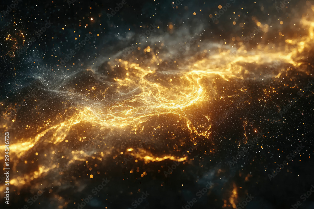 Poster Abstract cosmic background with glowing golden particles and nebulae, creating a celestial and energetic visual.