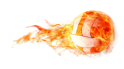 Burning volleyball ball flying with flames isolated on white and transparent background, cut out png