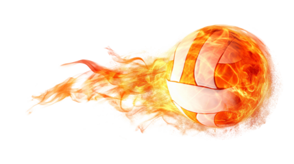 Burning volleyball ball flying with flames isolated on white and transparent background, cut out png