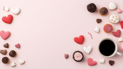 Fototapeta premium Sweet Treats and Coffee on Soft Pink Background for Celebration