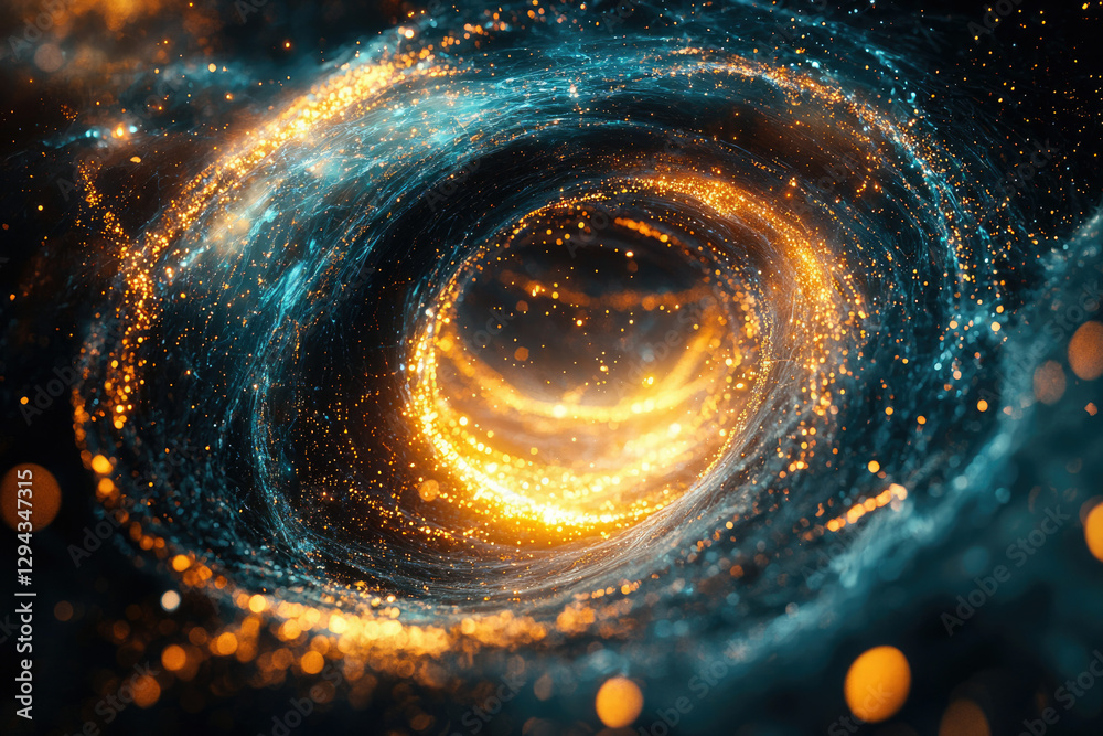 Poster a mesmerizing cosmic swirl of vibrant teal and fiery orange particles, creating a swirling vortex of