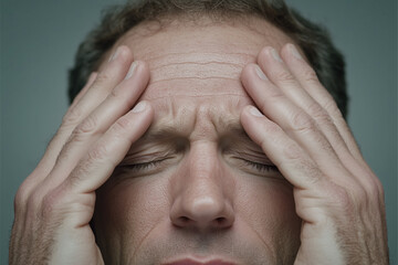 Fototapeta premium man experiencing stress and tension, holding his head with both hands, conveying sense of frustration and overwhelm