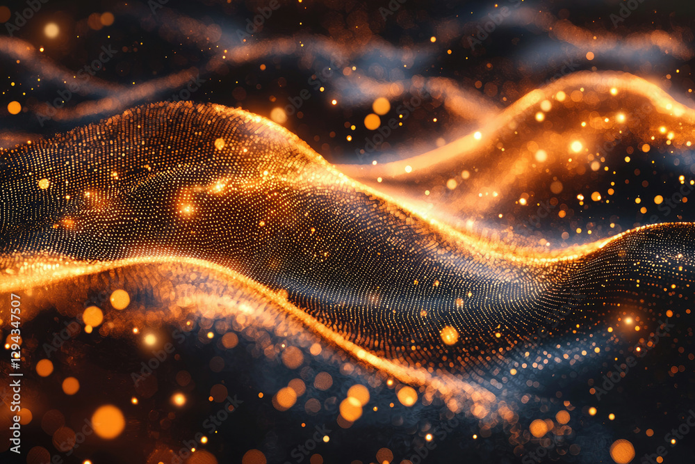 Aufkleber abstract dark background with glowing orange particles forming wavy shapes and bokeh effect.