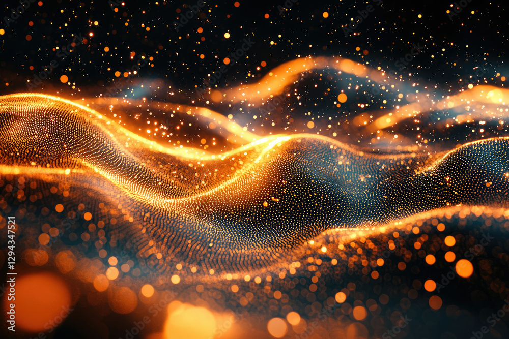 Poster abstract digital art depicting glowing orange particles forming undulating waves on a dark backgroun