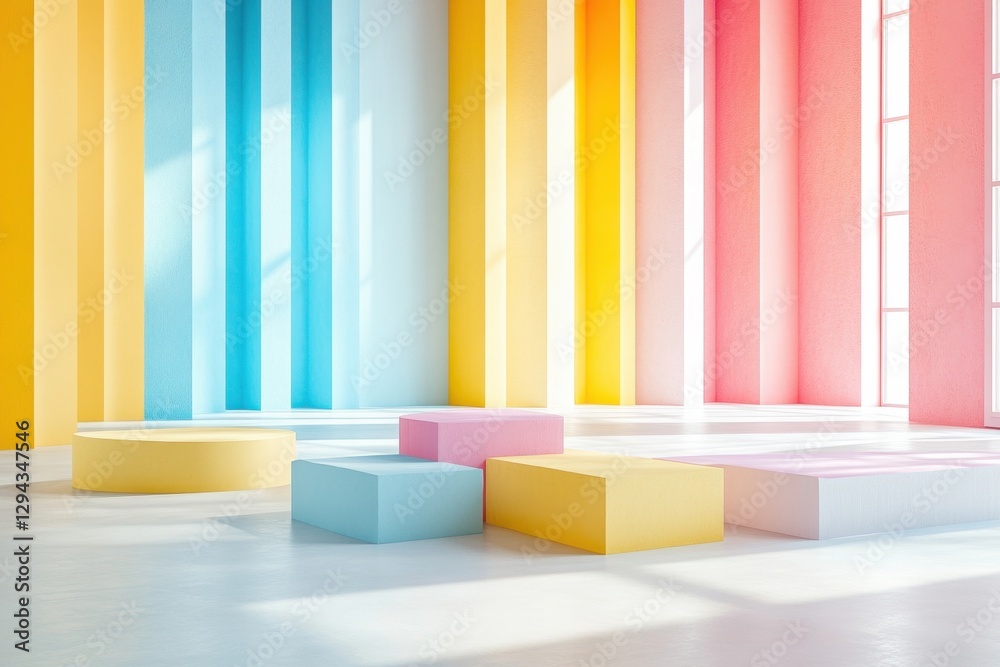 Poster pastel colored blocks and cylinders create a modern abstract background with geometric shapes and br