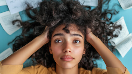 Fototapeta premium Stressed young woman with curly hair holding her head surrounded by papers, expressing anxiety and overwhelm