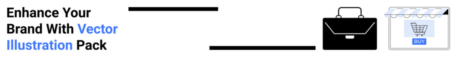 Black briefcase and shopping cart with a blue buy button symbolize commerce, shopping, and branding. Ideal for business strategy, retail, marketing, advertising, entrepreneurship, management flat