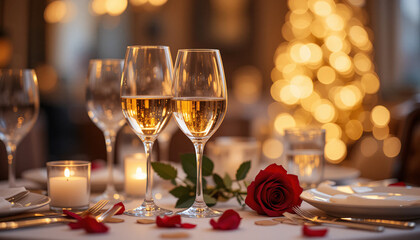Romantic Dinner Setting with Wine Glasses, Red Rose, and Candlelight