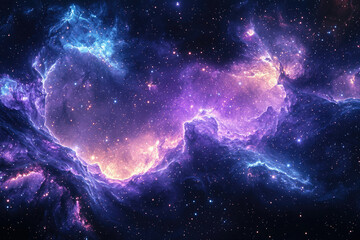 Obraz premium A vibrant nebula swirls in a cosmic dance of purple, blue, and gold, scattered with distant stars.