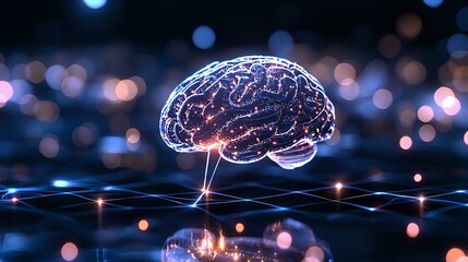 Glowing digital brain floating over neural network grid with blue bokeh lights background represents artificial intelligence and machine learning technology.