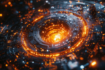 A mesmerizing digital artwork depicting a futuristic, glowing, circular technological structure with intricate details.