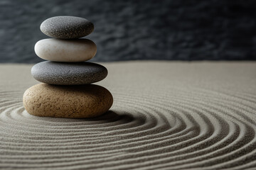 minimalistic Zen garden featuring smooth stones stacked on top of each other, surrounded by meticulously raked sand patterns, evokes sense of tranquility and balance