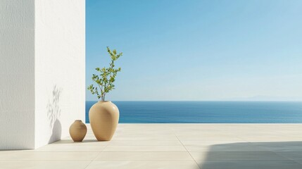 Tranquil seaside artwork featuring elegant vases coastal view minimalist design serene atmosphere