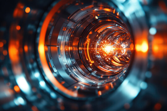 Futuristic metallic tunnel with glowing orange core, abstract digital art.
