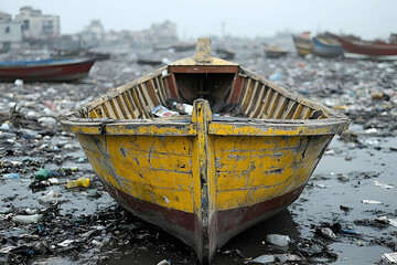 Obraz premium Dilapidated Boat Amidst Waste, An Ominous Reflection of Environmental Pollution