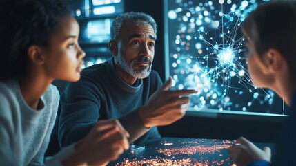 Diverse Team Brainstorming Innovative Digital Solutions Modern Technology Network Data Analysis Collaboration Project Meeting Futuristic Interface    