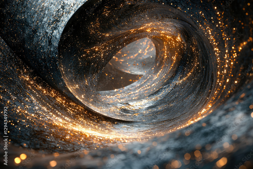 Poster A swirling vortex of dark metallic texture with embedded golden sparks, creating a mesmerizing cosmic tunnel effect.
