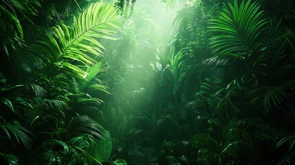 A dense tropical jungle filled with rich, deep green foliage, highlighting a single path that beckons the viewer to explore further into the lush wilderness. 