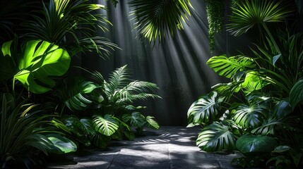 Fototapeta premium A dense tropical jungle filled with rich, deep green foliage, highlighting a single path that beckons the viewer to explore further into the lush wilderness. 