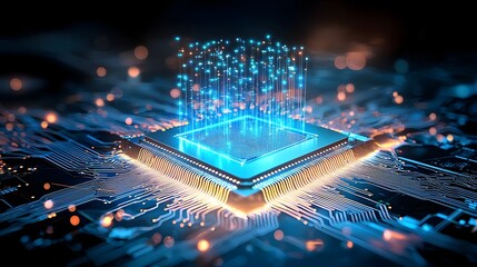 Ultra detailed Radiant Microchip Surrounded by Pulsating Digital Energy Waves Representing Advanced Cybernetic Technology and Innovation