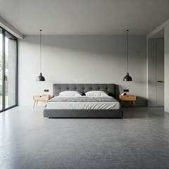 A contemporary bedroom, light and spacious, with minimalist decor.
