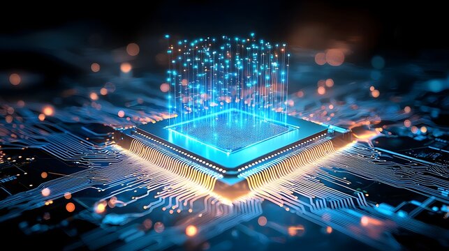 Ultra detailed Radiant Microchip Surrounded by Pulsating Digital Energy Waves Representing Advanced Cybernetic Technology and Innovation