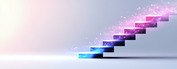 Fototapeta premium Glowing neon stairway with sparkles rising upward against gradient background, symbolizing growth, progress and success in business concept.