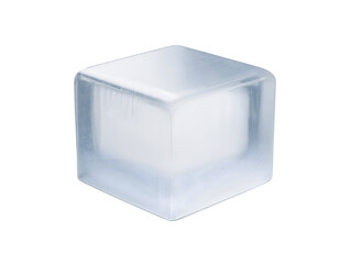 isometric 3d square ice block with frosty transparent texture, frozen water cube, clear cold element for beverage and cooling, on isolated background
