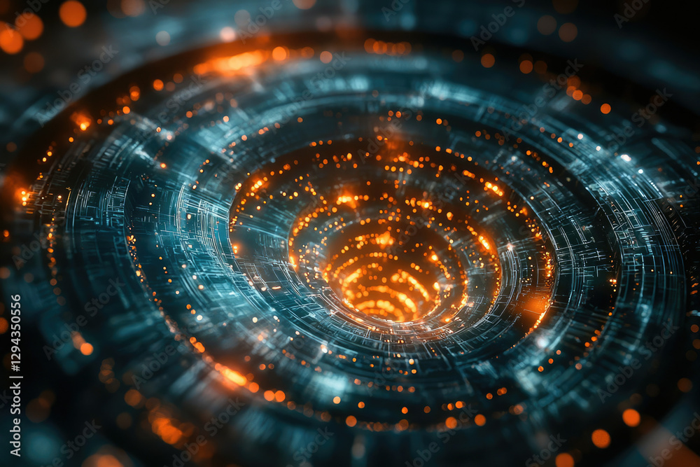 Poster abstract digital tunnel with glowing orange and teal concentric circles, depicting futuristic techno