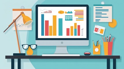 Office desk analytics data charts screen background work