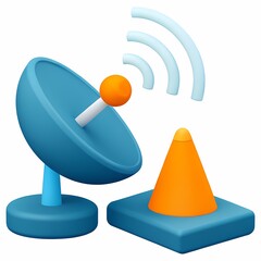 5G Network internet latency 3D Satellite dish with signal waves and a traffic cone.