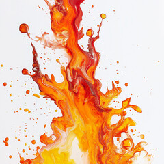 fiery lava-like paint explosion, with molten red, orange, and yellow tones flowing intensely against a bright white background 
