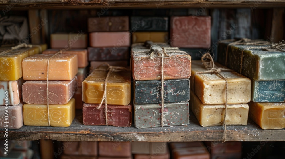 Poster Shelves filled with various handmade soap bars in different colors and shapes showcase the creativity of artisans. The natural materials and textures add to the inviting ambiance of the shop.