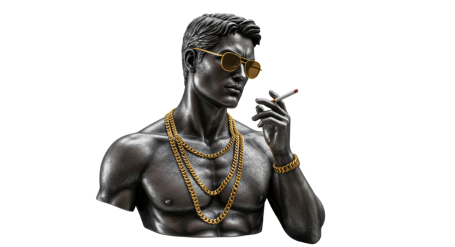 Isolated Bronze Male Torso with Gold Chains and Sunglasses: Sultry Gaze - Powered by Adobe