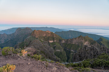 Sunrise over the mountains on the island of Madeira.