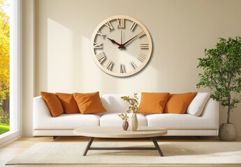 Naklejka premium Beige Wooden Wall Clock With Roman Numerals In A Modern Living Room Interior Design Style Interior Design Style Living Room Decor Ideas Modern Design Home Decor With Wall Clock Decor Ideas For A