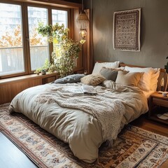 A bedroom showcasing a cozy interior with rustic decor
