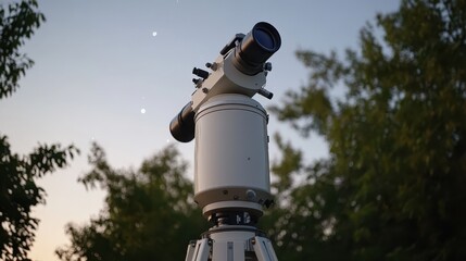Obraz premium A telescope stands poised under a twilight sky, ready to explore the star-filled expanse of the universe.