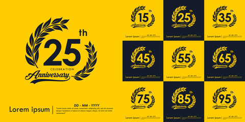 Set of 15-95th anniversary celebration emblem. anniversary logo isolated with laurel wreath and ribbon on yellow background. vector illustration template design for web, flyers, poster, greeting card © thitiwat