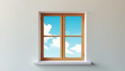 Fototapeta premium A serene view from a window featuring a clear blue sky with white clouds gently floating, framed by a warm wooden window