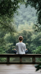 Fototapeta premium serene meditation scene featuring person sitting peacefully on wooden platform surrounded by lush greenery and tranquil body of water. atmosphere evokes calmness and mindfulness