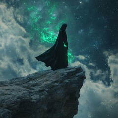 Cloaked figure conjures emerald energy under a starry Plum Royale sky