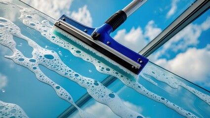 Obraz premium Close-up of a window squeegee cleaning glass with soap bubbles against a blue sky with clouds